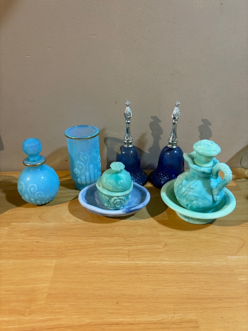 Vintage Avon Blue Glass Vanity Tray & Accessory Set powder sachet, perfume bottl